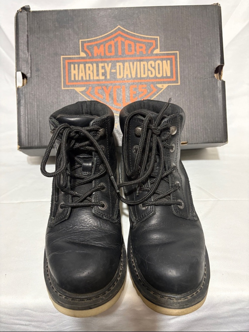 Harley-Davidson Black Leather Lace-Up Work Boots with Cream Soles